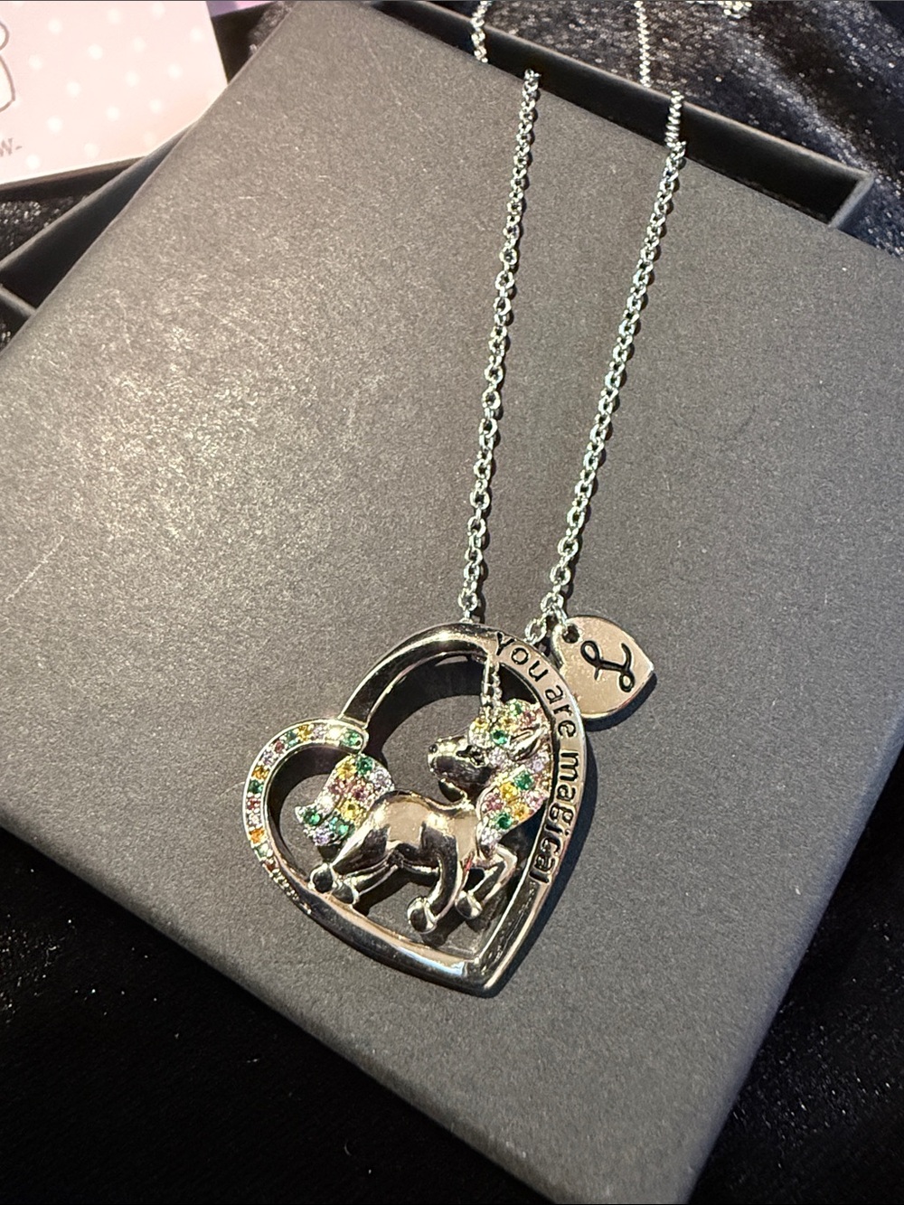 Posh Silver Unicorn Heart Necklace with Multicolor Crystals